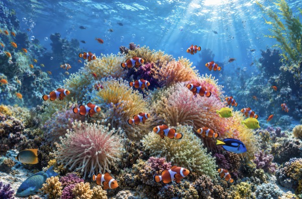 Finished piece: a sunlit coral reef with clownfish