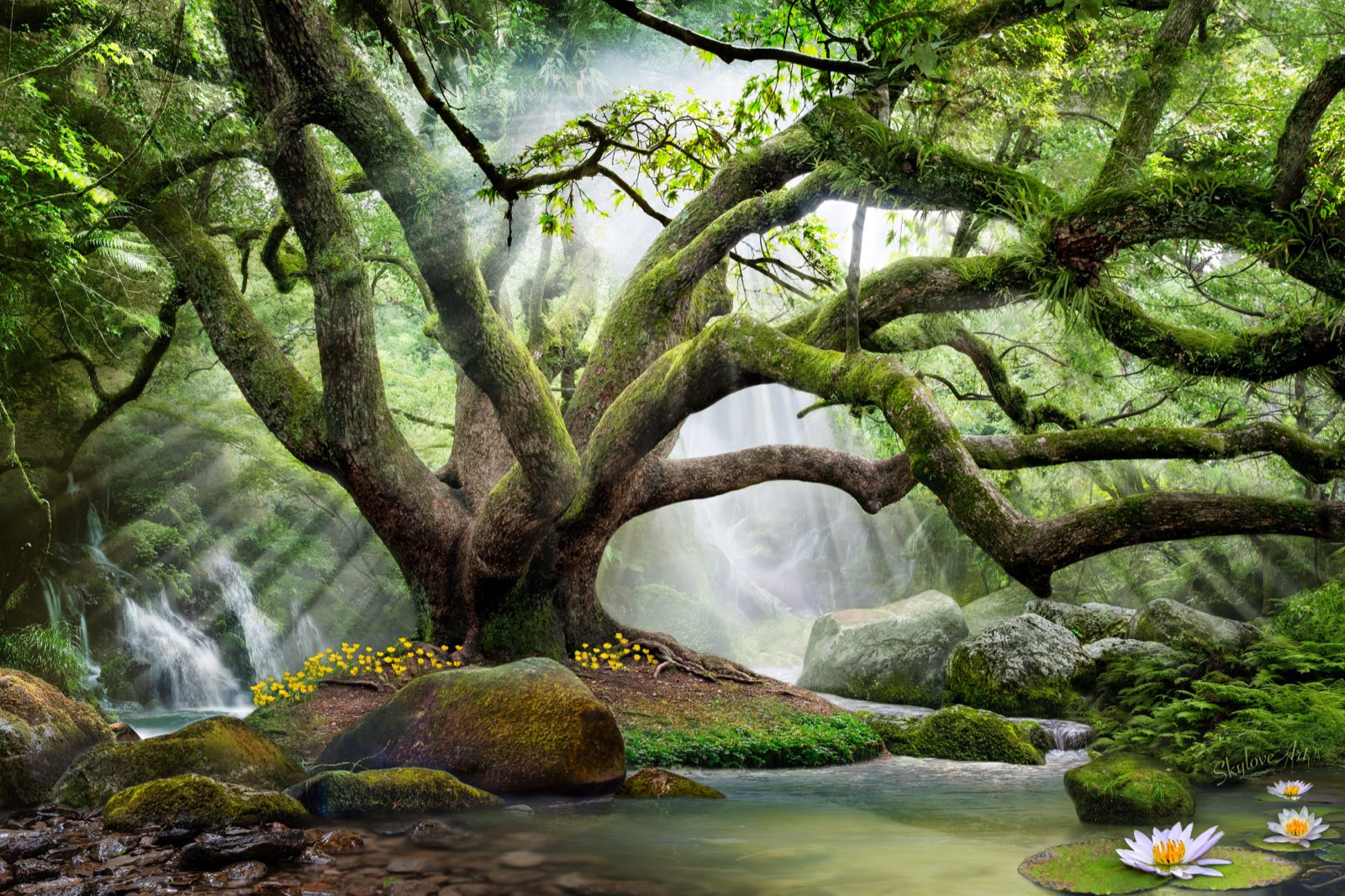 Lush jungle waterfall — nature art by SkyloveArt