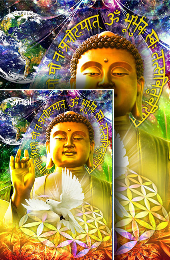 Peace Buddha tapestry displayed in a room setting