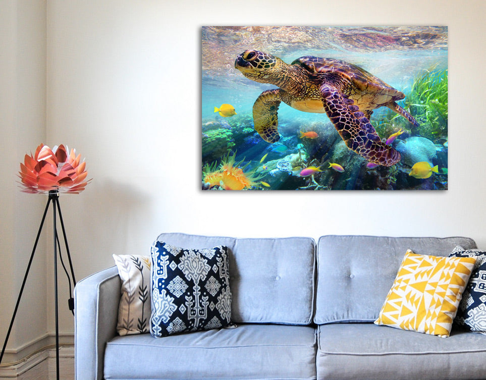 Turtle #1 art print close-up detail showing vibrant underwater colors