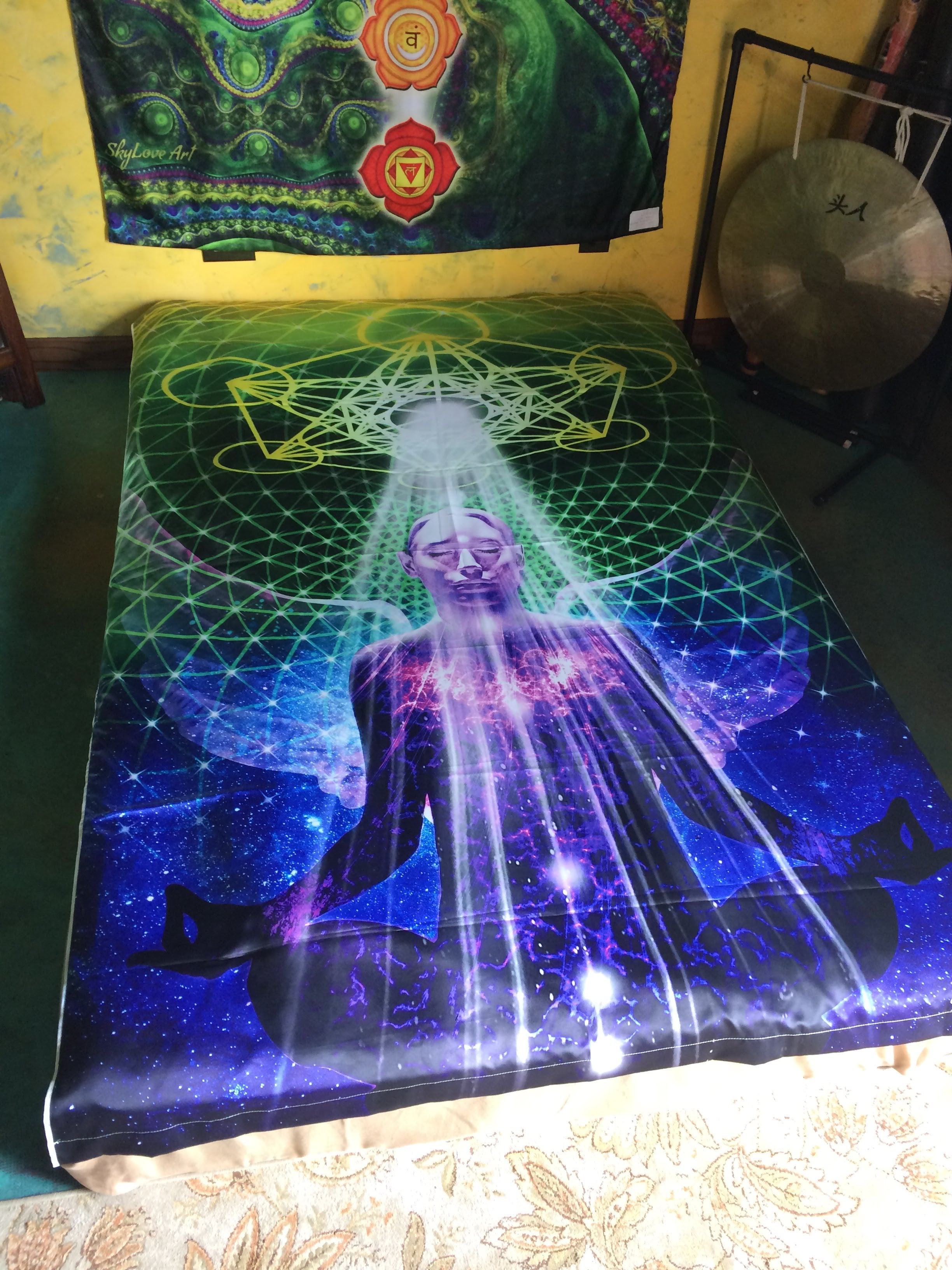 Metatron's Cube tapestry displayed in a room setting