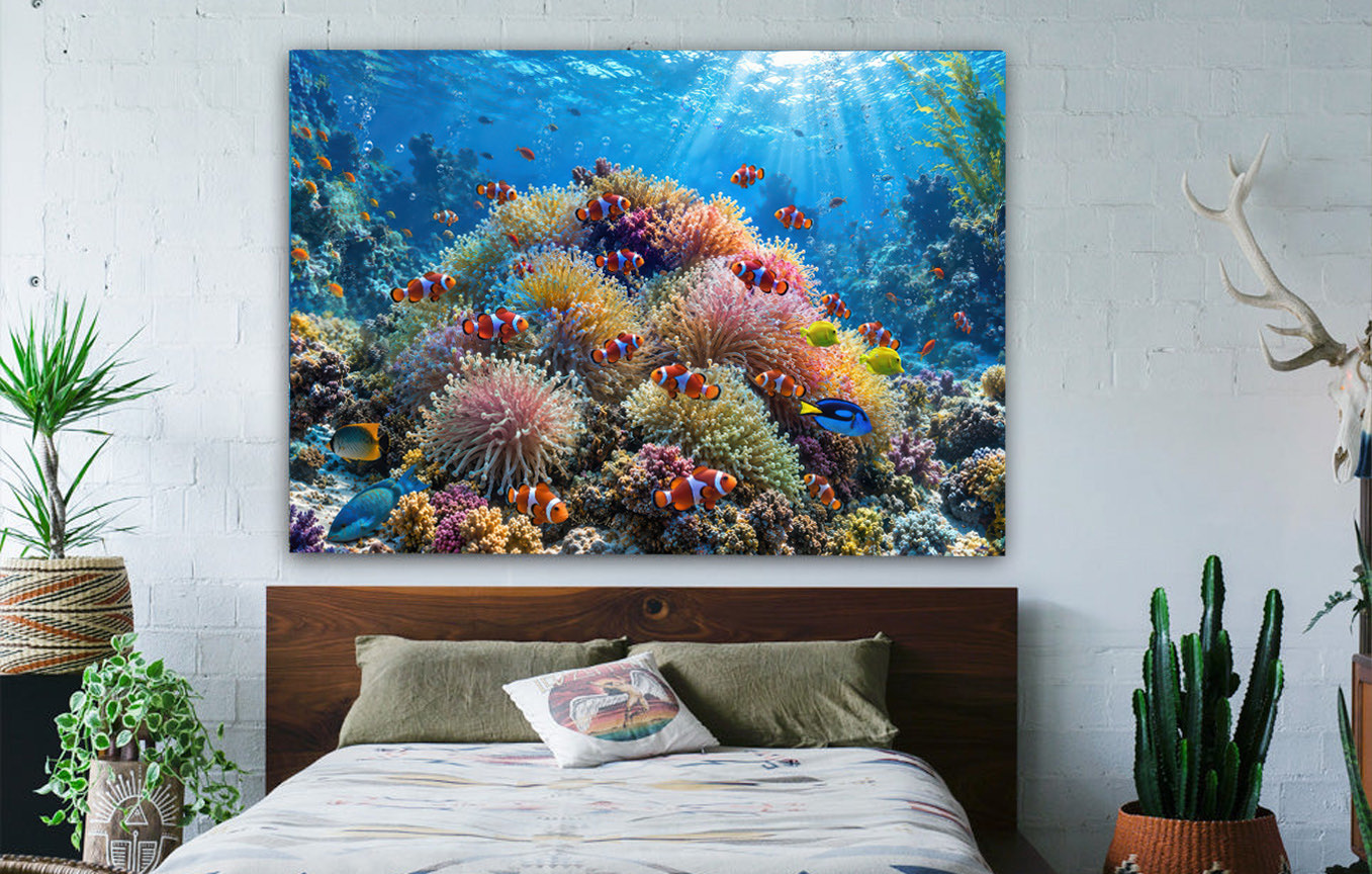 SkyloveArt metal print displayed in a bright living room