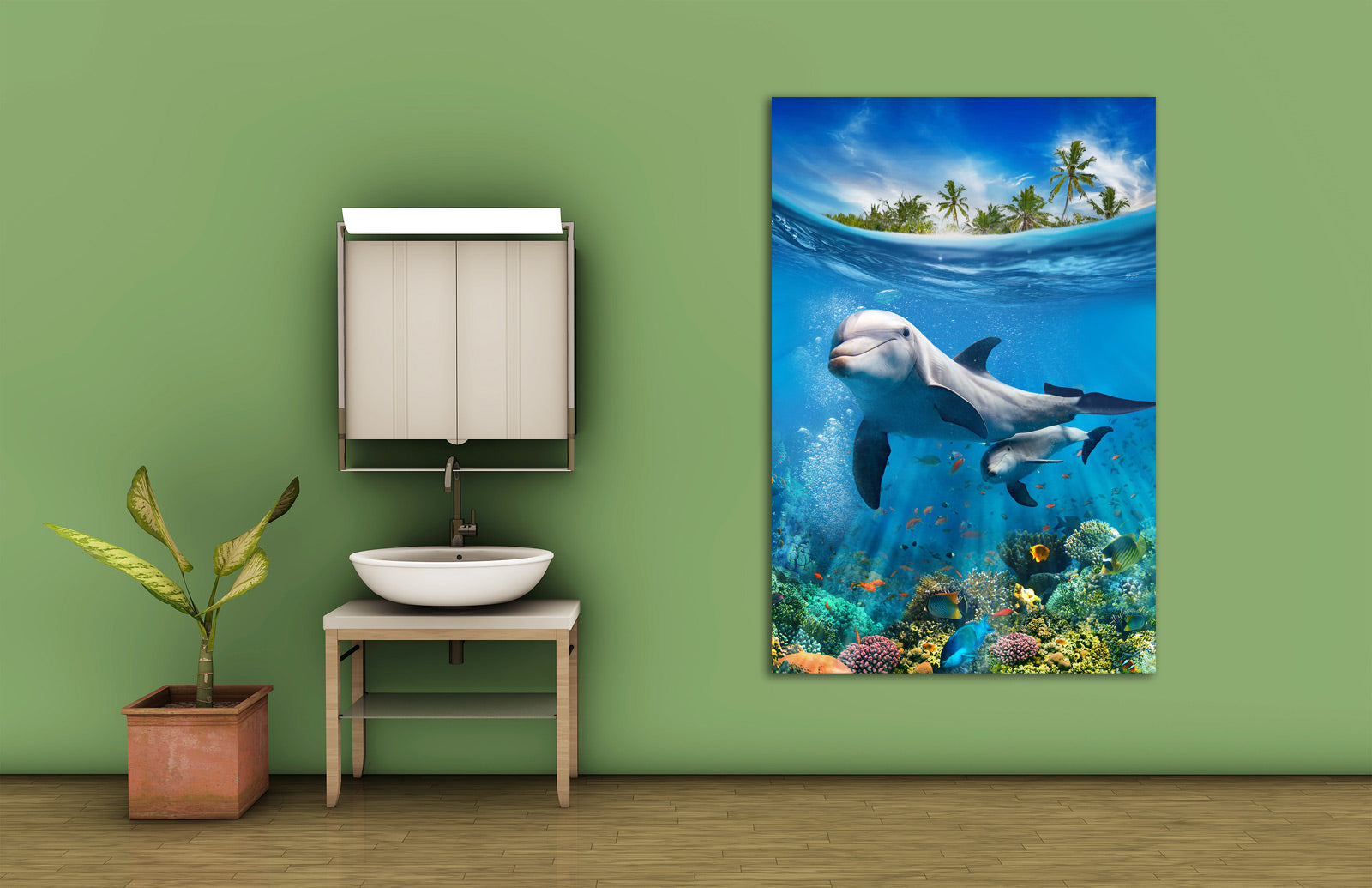 Dolphins wall art displayed in a room setting
