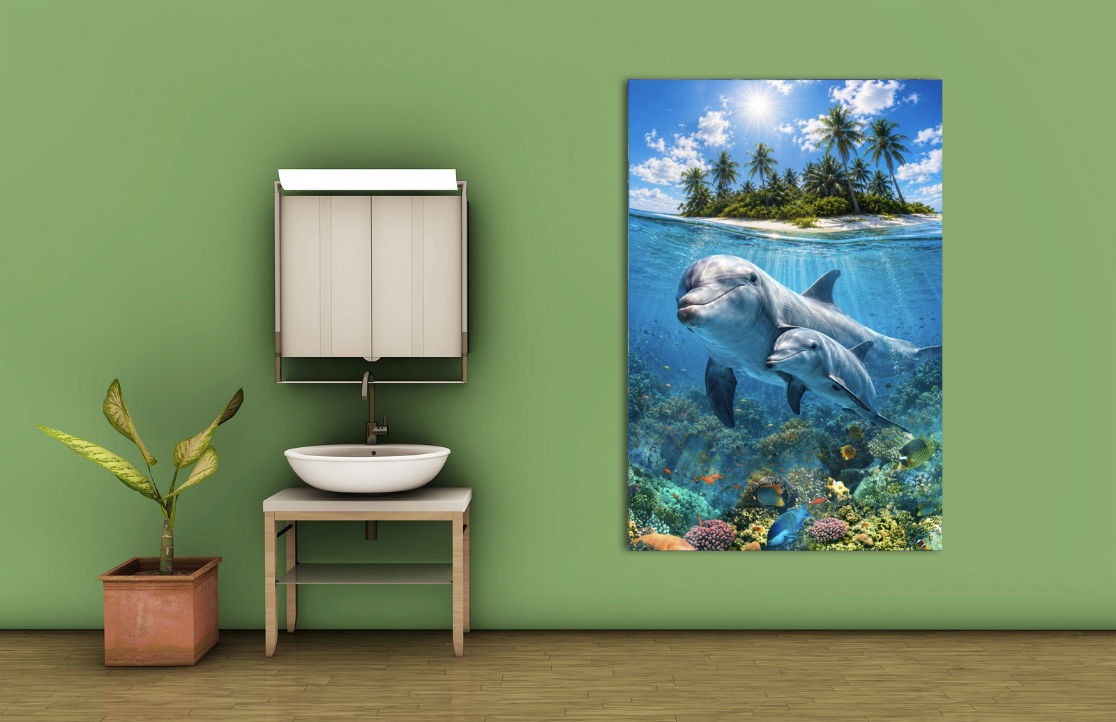 Dolphins wall art displayed in a room setting