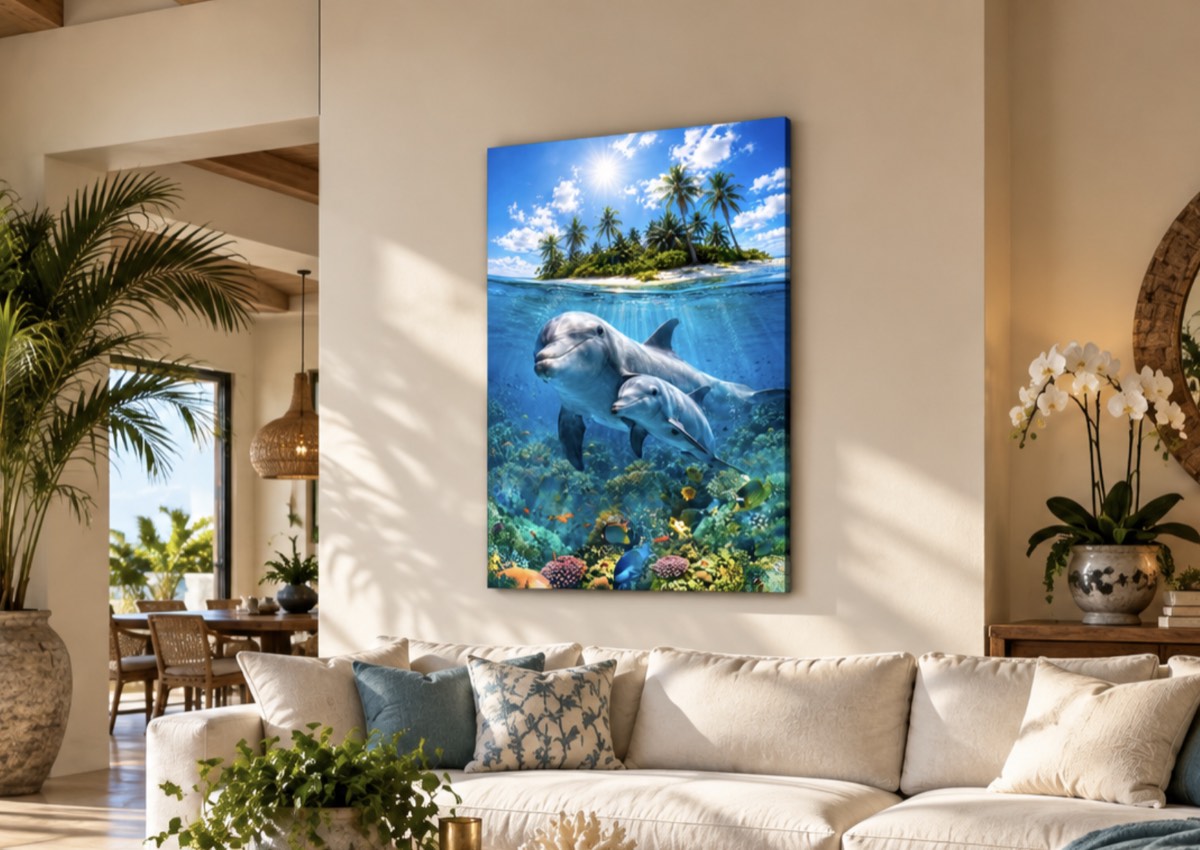 Dolphins wall art displayed in a room setting