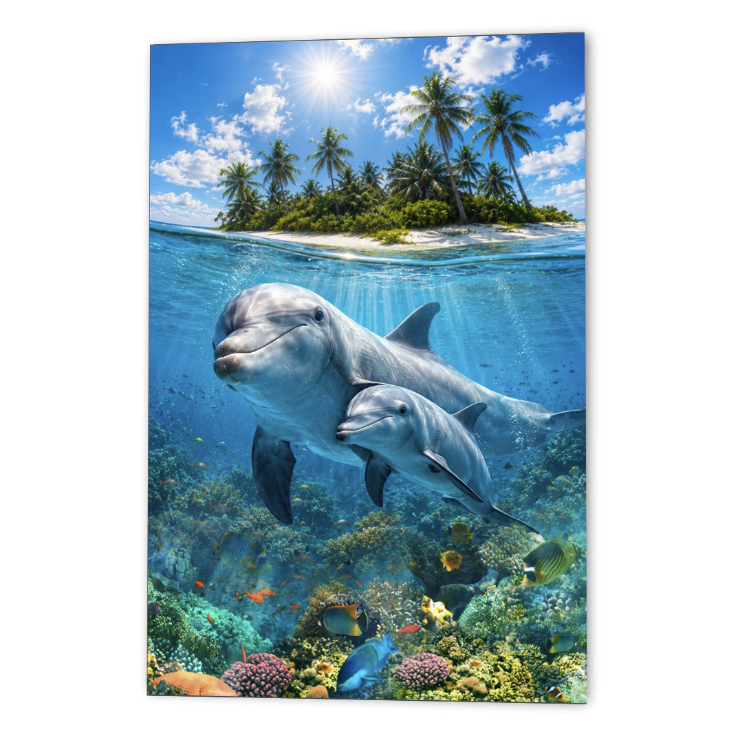 Mother dolphin and baby dolphin swimming underwater above a coral reef with tropical fish — Dolphins wall art print by SkyloveArt