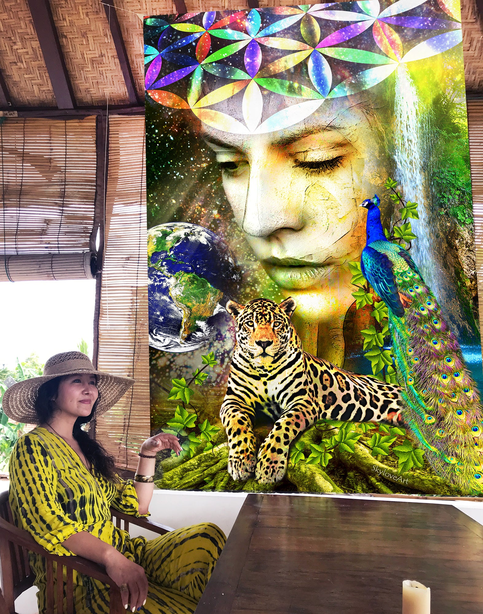 Gaia tapestry displayed in a room setting