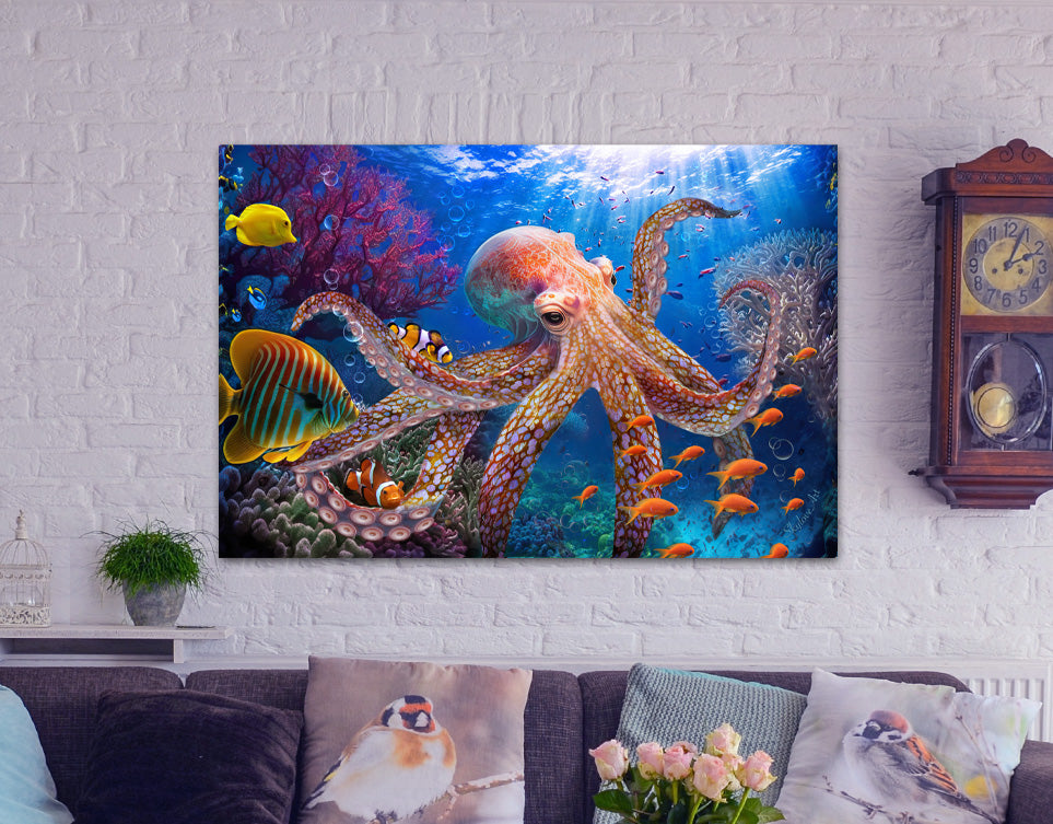 Octopus wall art displayed in a room setting