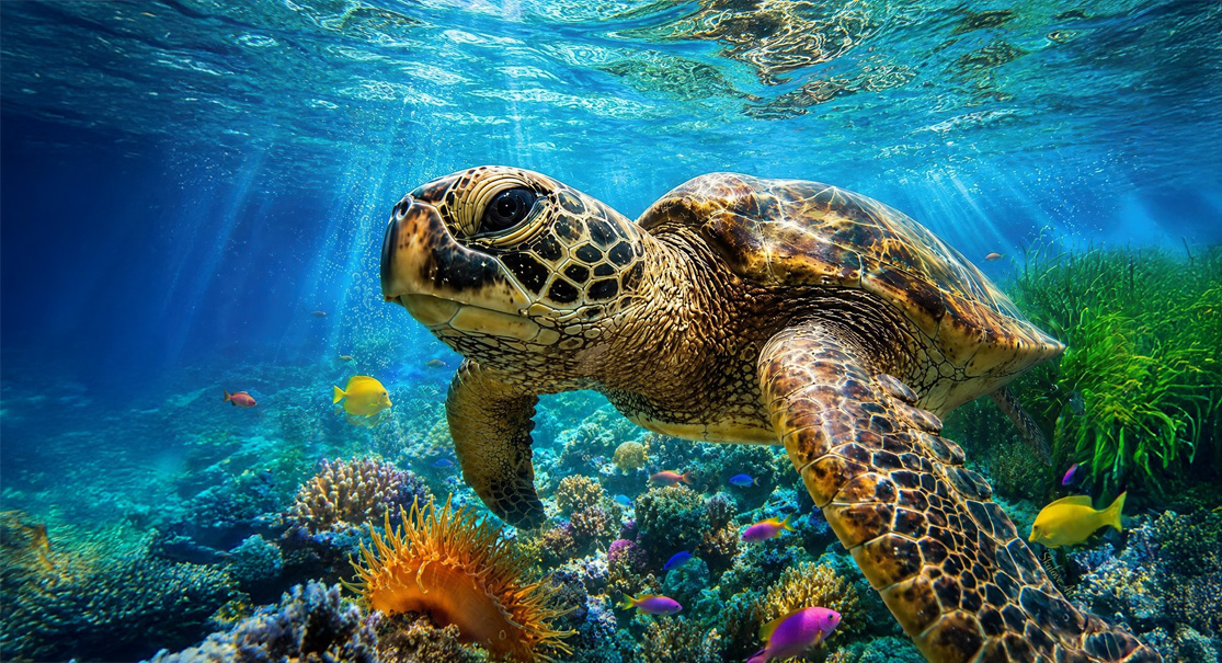 Hawaiian sea turtle over a vivid coral reef — Turtle #1 by SkyloveArt