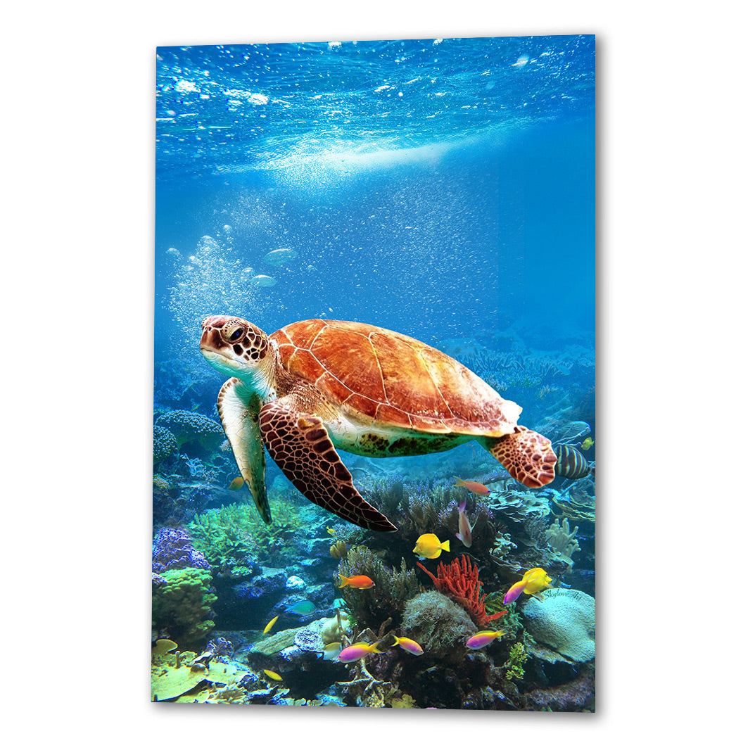 Sea turtle wall art — vibrant sea turtle over a coral reef with tropical fish by SkyloveArt