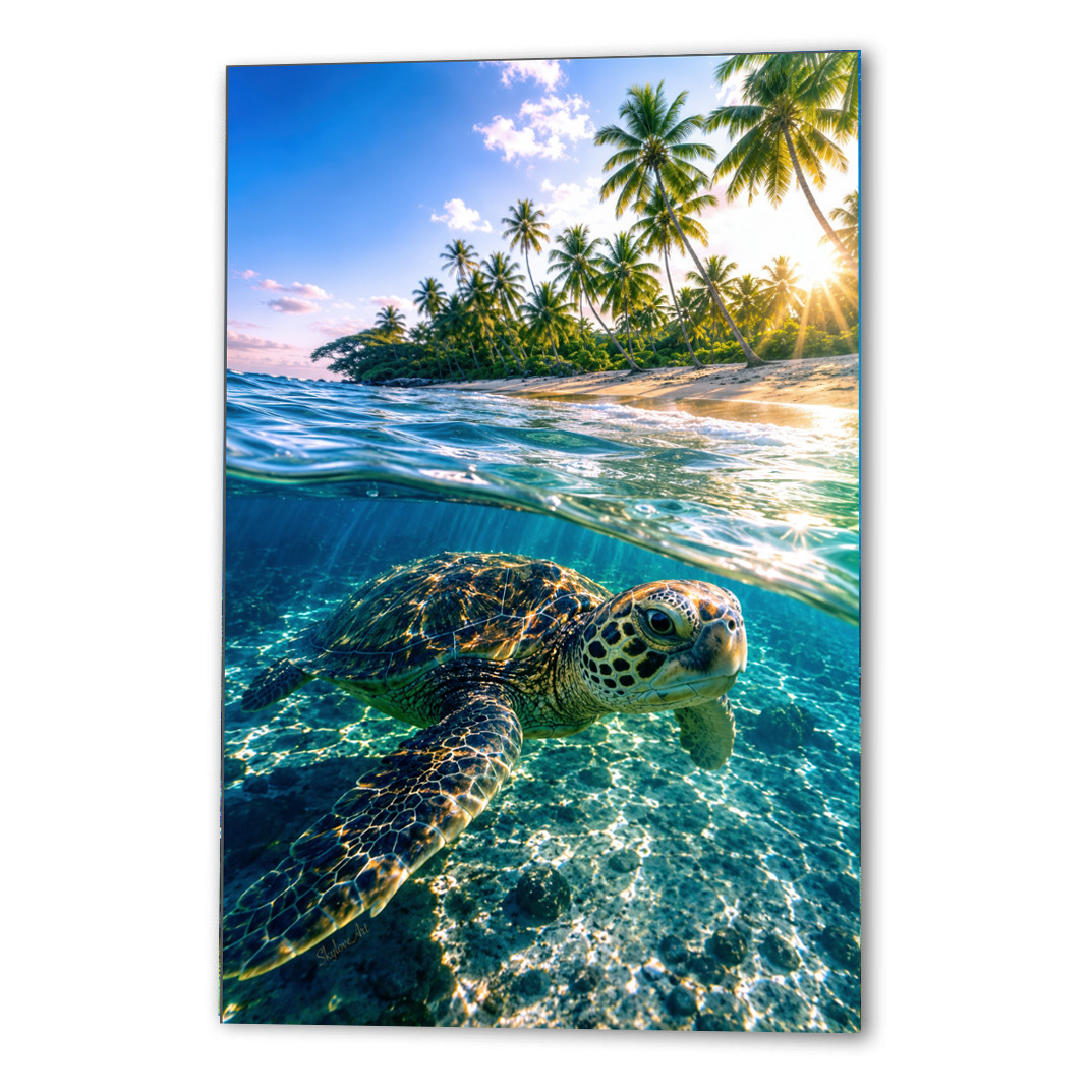 Sea turtle beneath crystal-clear Hawaiian waters with a sunlit tropical shoreline above — Turtle #3 wall art print by SkyloveArt