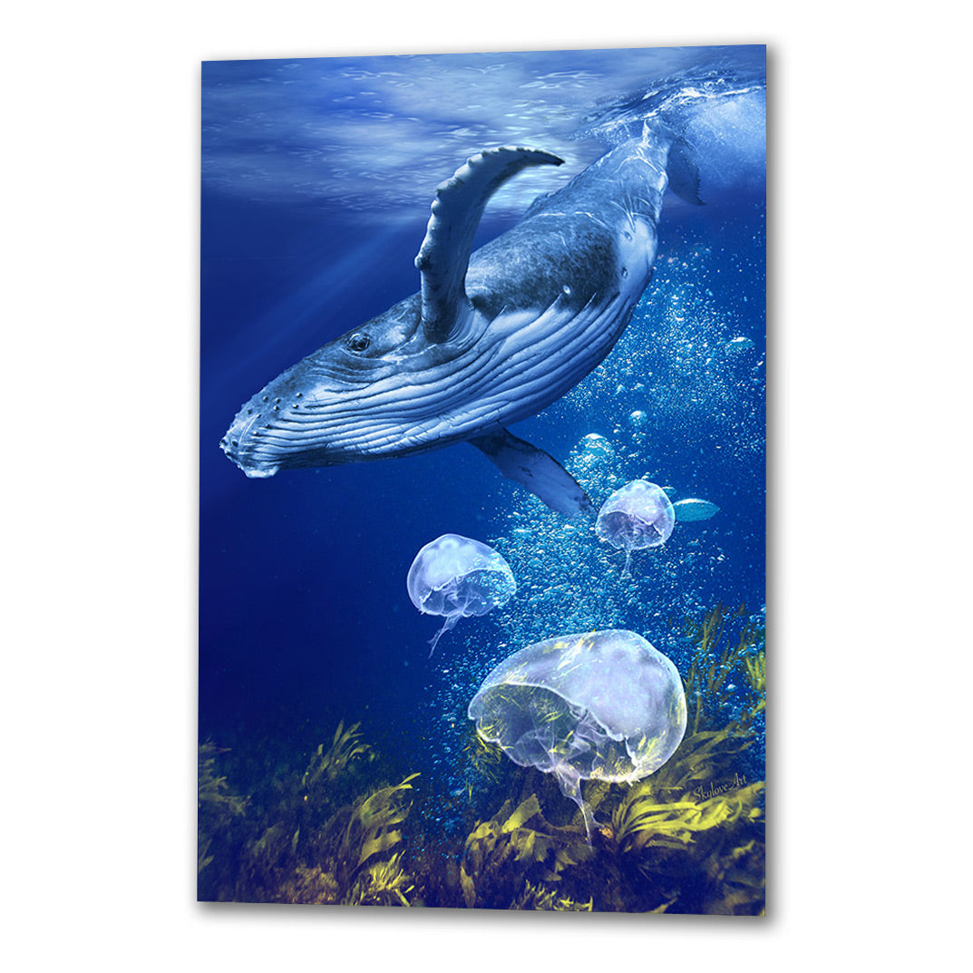 Whale wall art — humpback whale swimming in a deep blue ocean by SkyloveArt