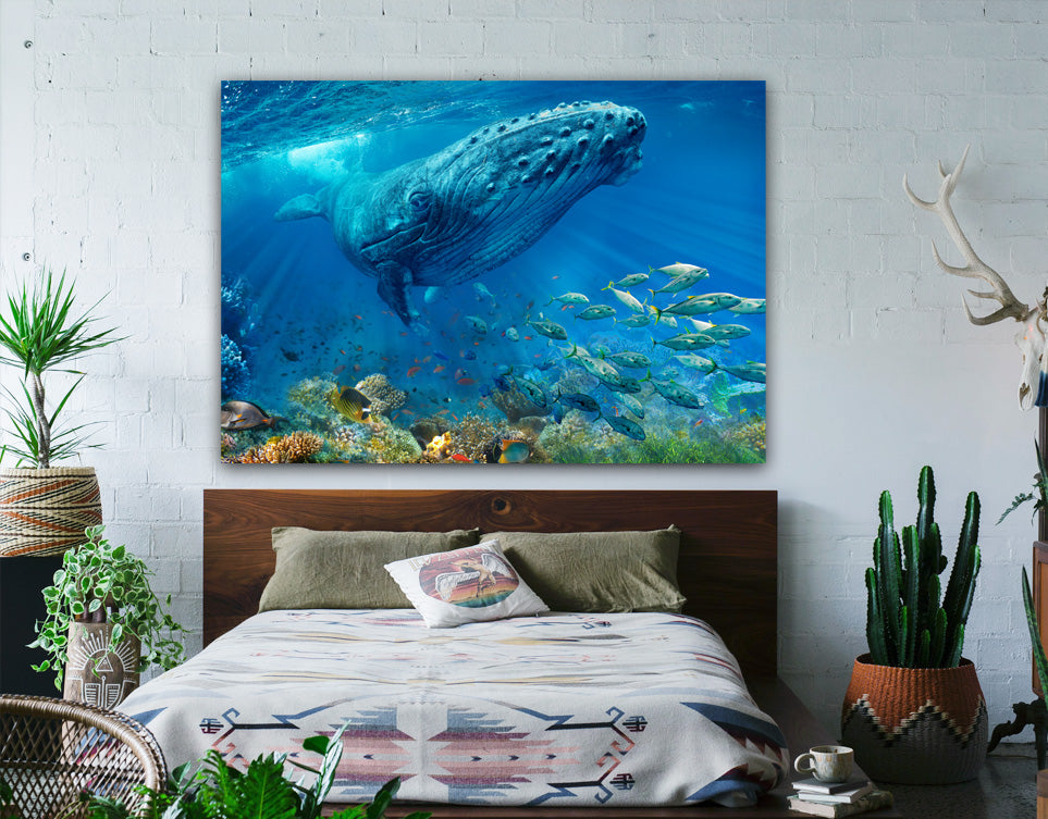 Whale #1 wall art displayed in a room setting
