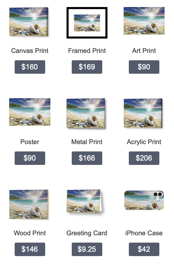 Beach — seashell on sandy shore beside turquoise ocean water art print by SkyloveArt