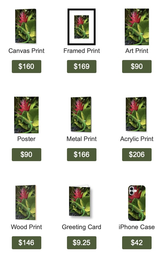 Gecko — vivid green gecko among lush jungle leaves and pink tropical flower art print by SkyloveArt