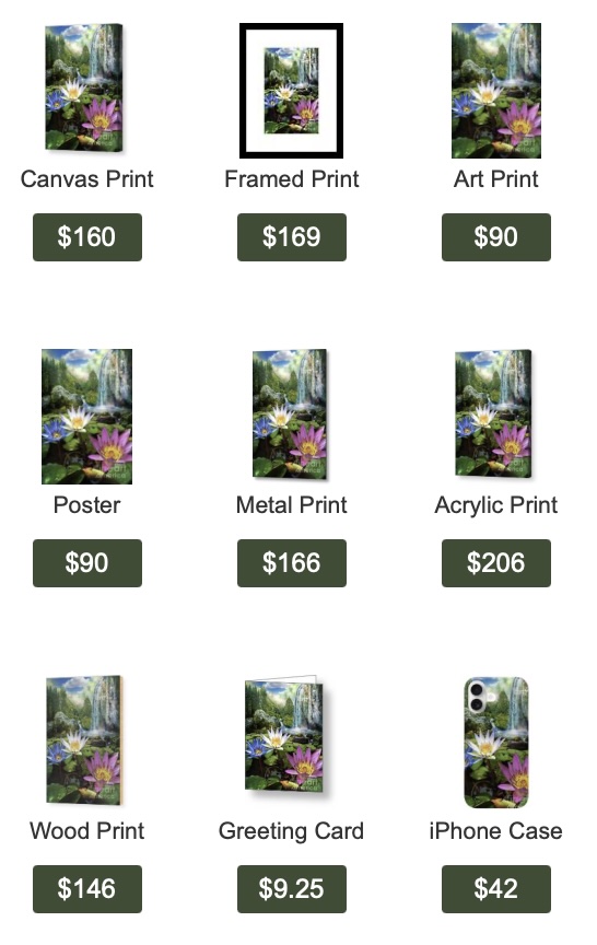 Lotus — vibrant water lilies blooming across a peaceful pond beneath a cascading waterfall art print by SkyloveArt
