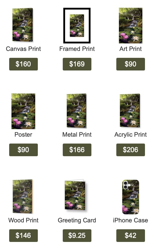 Lotus Pond #2 — serene water lilies beneath a forest waterfall art print by SkyloveArt